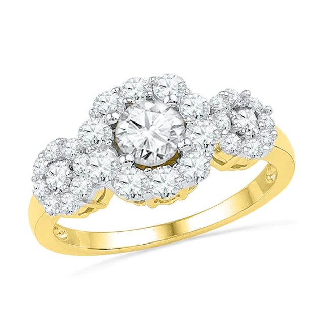 Lab-Created White Sapphire Three Stone Frame Engagement Ring in 10K Gold