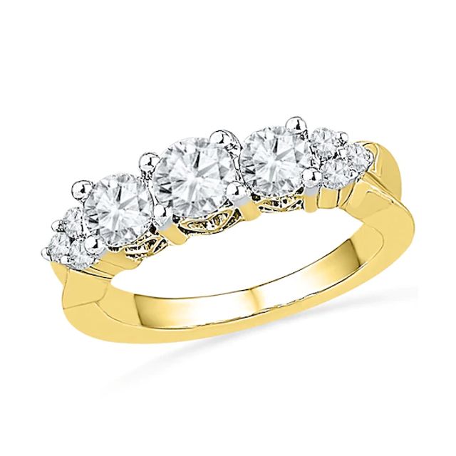 Lab-Created White Sapphire and 1/10 CT. T.w. Diamond Three Stone Engagement Ring in 10K Gold