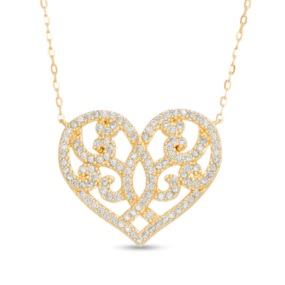 AVA Nadri Cubic Zirconia Ornate Heart Necklace in Sterling Silver with 18K Gold Plate