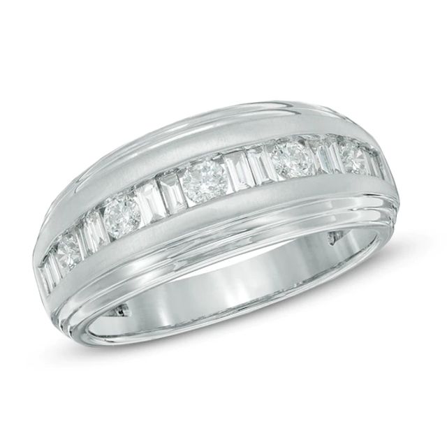 Men's 1 CT. T.w. Round and Baguette Diamond Wedding Band in 14K White Gold