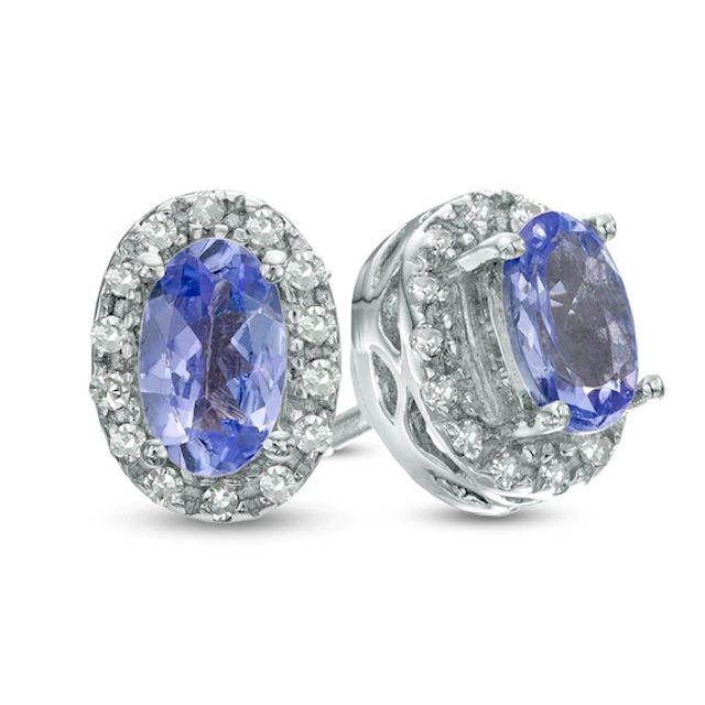 Oval Tanzanite and Diamond Accent Frame Stud Earrings in Sterling Silver