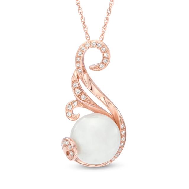 9.0mm Button Freshwater Cultured Pearl and 1/10 CT. T.w. Diamond Swirl Pendant in 10K Rose Gold