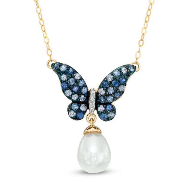 9.0mm Freshwater Cultured Pearl, Blue Sapphire and Diamond Accent Butterfly Necklace in 10K Gold-16.5"