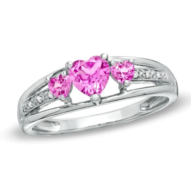 Heart-Shaped Lab-Created Pink Sapphire and Diamond Accent Three Stone Promise Ring in 10K White Gold