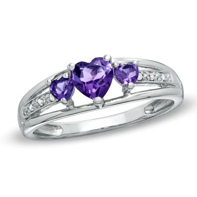 Heart-Shaped Amethyst and Diamond Accent Three Stone Promise Ring 10K White Gold