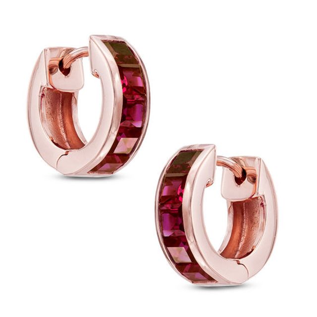 Princess-Cut Lab-Created Ruby Huggie Hoop Earrings in Sterling Silver with 14K Rose Gold Plate