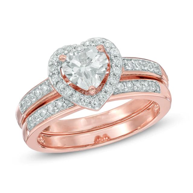 6.0mm Heart-Shaped Lab-Created White Sapphire Fashion Ring Set in Sterling Silver with 14K Rose Gold