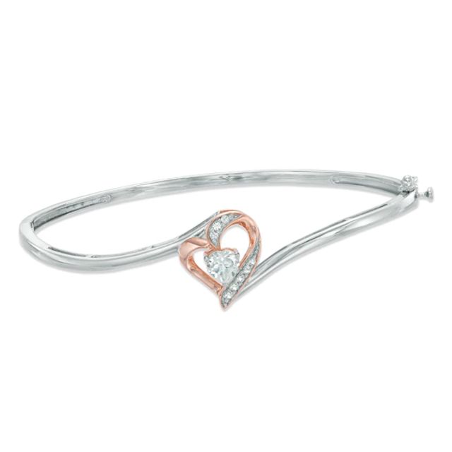 Zales 4.5mm Heart-Shaped Lab-Created White Sapphire Heart Bangle in Sterling  Silver with 14K Rose Gold Plate