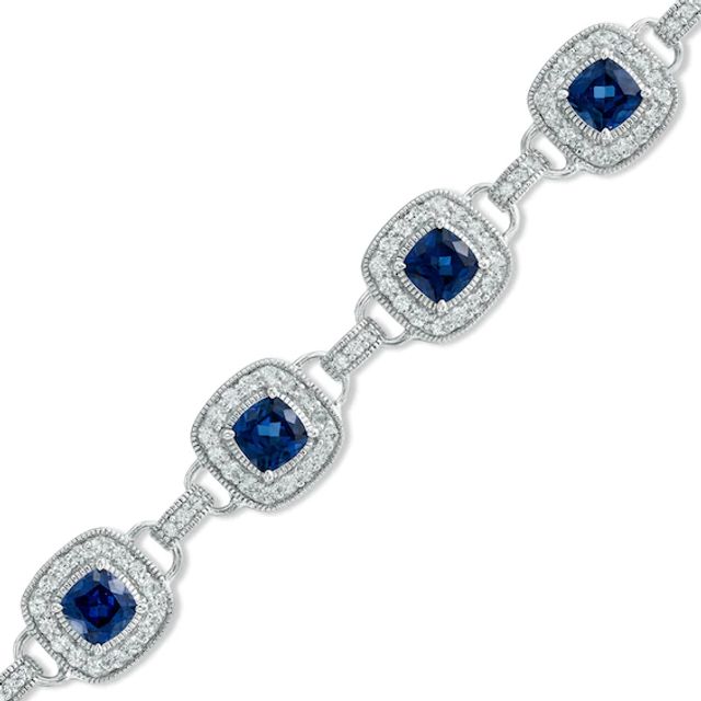 Cushion-Cut Lab-Created Blue and White Sapphire Bracelet in Sterling Silver - 7.25"