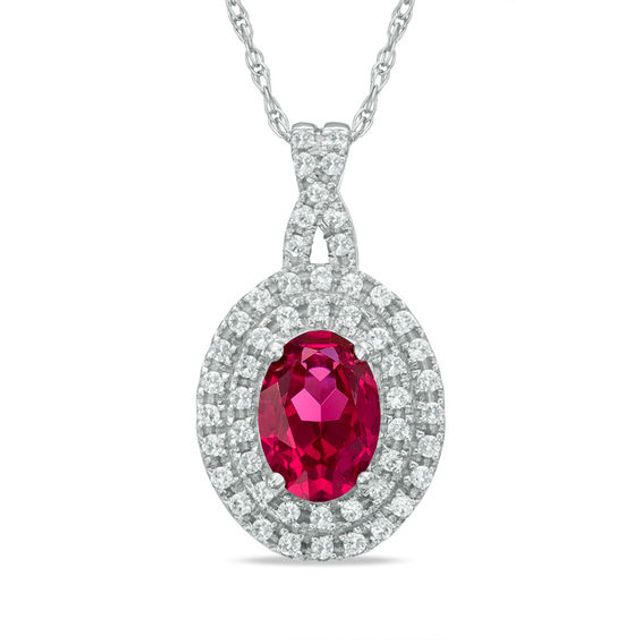 Oval Lab-Created Ruby and White Sapphire Pendant in 10K White Gold