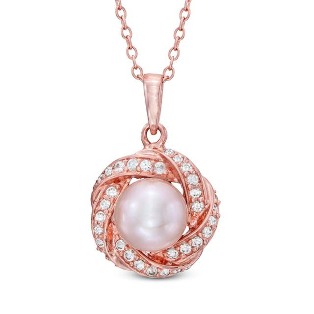 7.0-7.5mm Pink Freshwater Cultured Pearl and Lab-Created White Sapphire Pendant in 10K Rose Gold