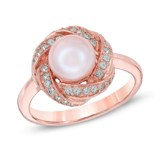 7.0-7.5mm Pink Freshwater Cultured Pearl and Lab-Created White Sapphire Ring in 10K Rose Gold