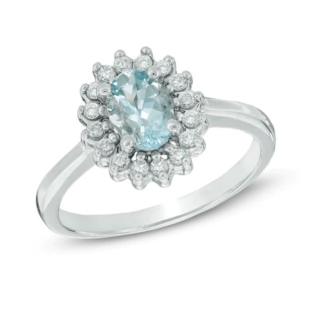 Oval Aquamarine and White Sapphire Frame Ring in Sterling Silver