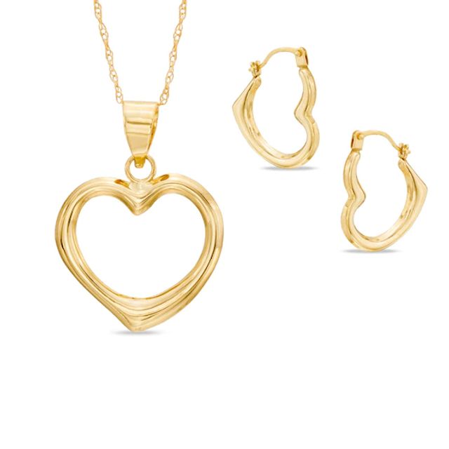 Heart Pendant and Hoop Earrings Set in 10K Gold