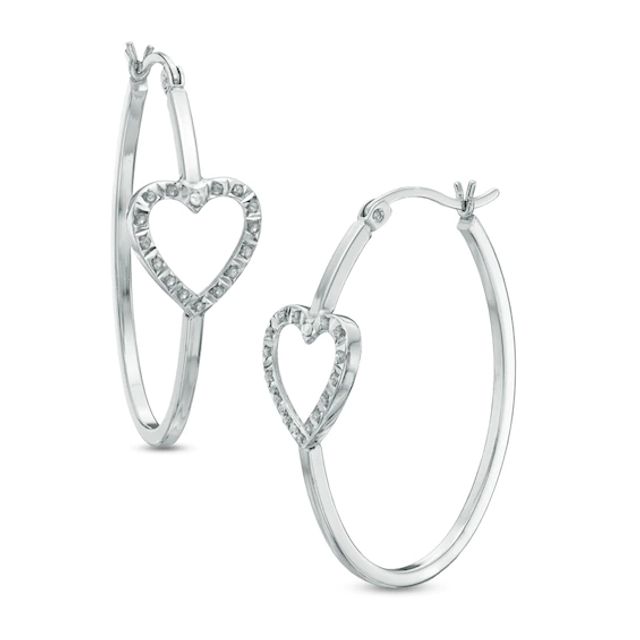 Diamond Fascinationâ¢ Heart Oval Hoop Earrings in Sterling Silver with Platinum Plate