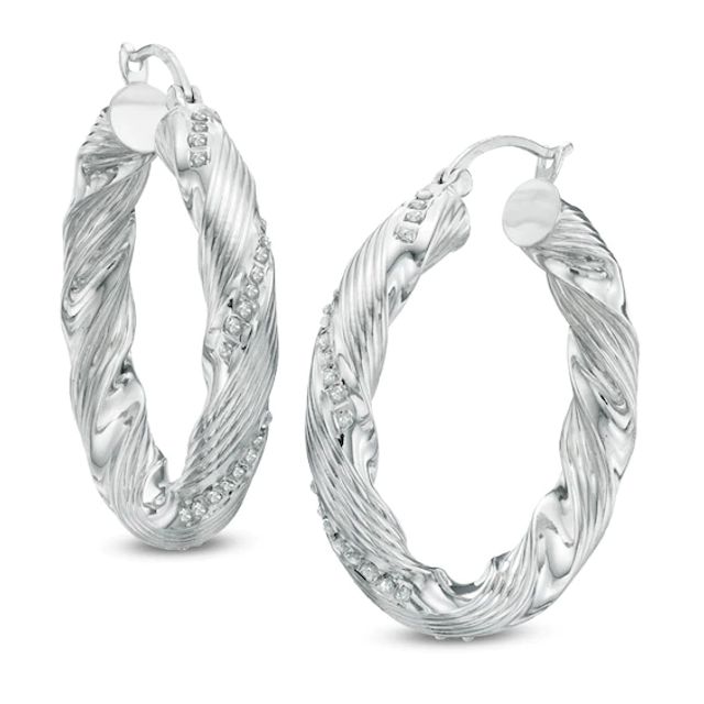 Diamond Fascinationâ¢ Textured Twist Hoop Earrings in Sterling Silver with Platinum Plate