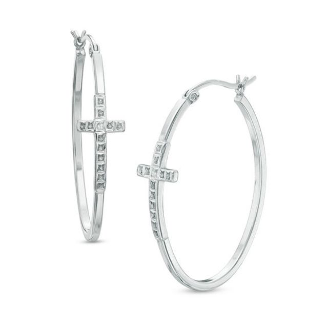 Diamond Fascinationâ¢ Cross Oval Hoop Earrings in Sterling Silver with Platinum Plate