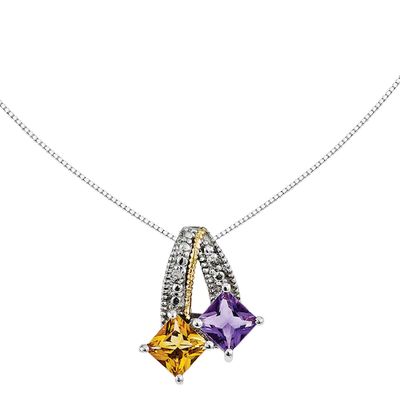 Mother's Princess-Cut Simulated Birthstone and Diamond Accent Pendant in Sterling Silver and 14K Gold (2 Stones)