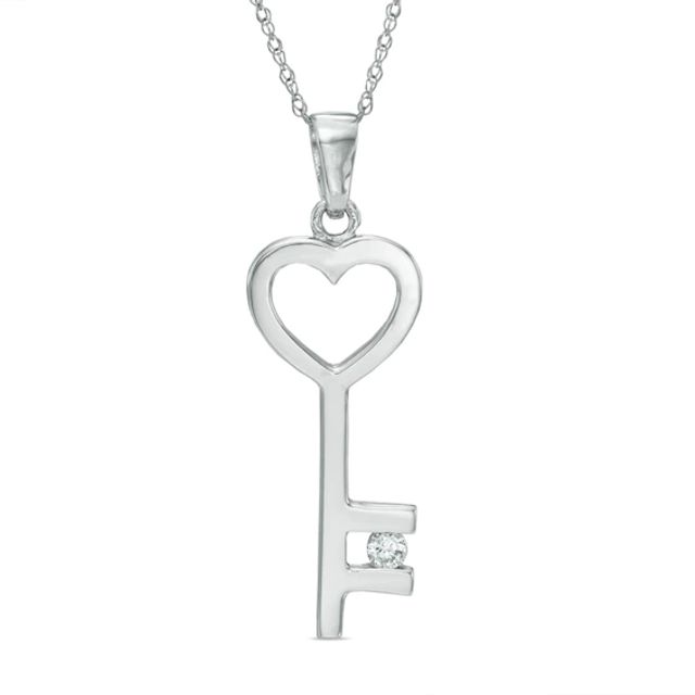 Diamond Accent Dainty Heart-Top Key Pendant in 10K White Gold