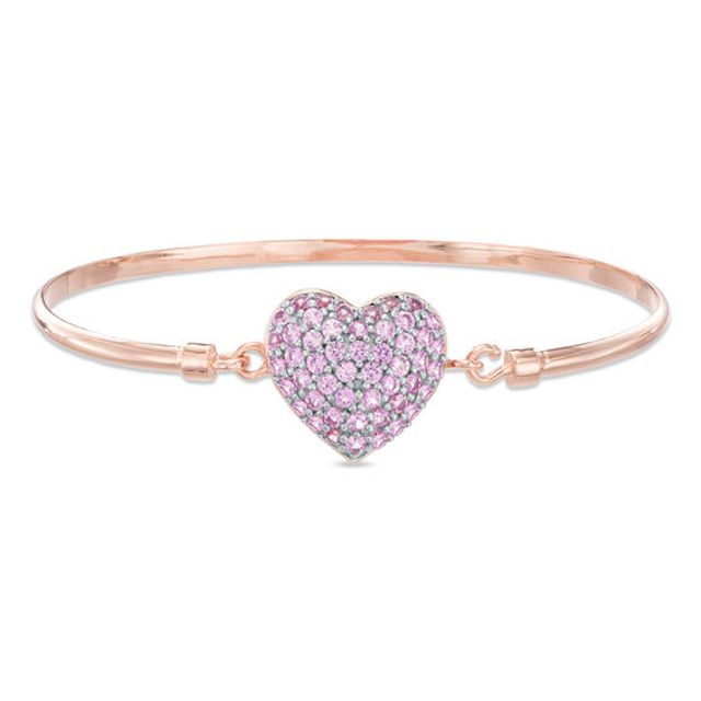 Lab-Created Pink Sapphire Heart Bangle in Sterling Silver with 14K Rose Gold Plate