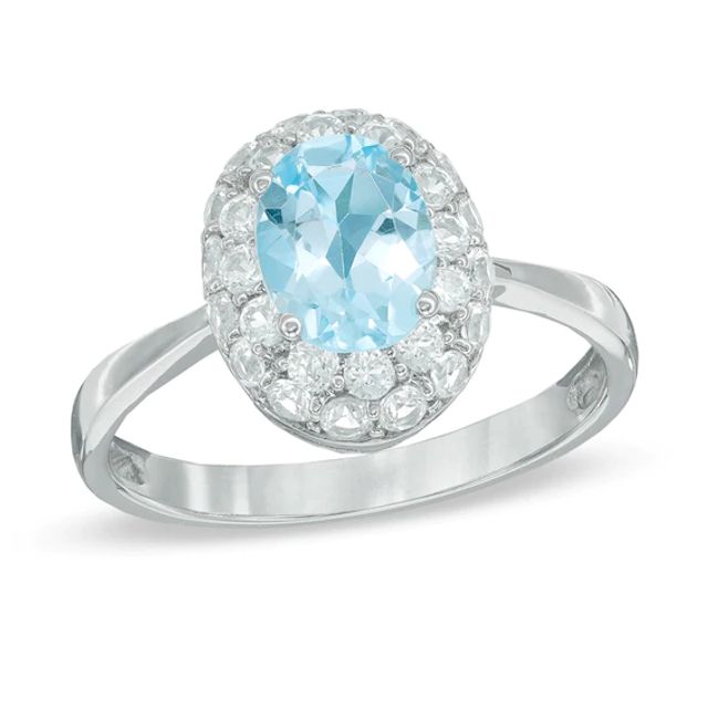 Oval Blue Topaz and Lab-Created White Sapphire Frame Ring in 10K White Gold