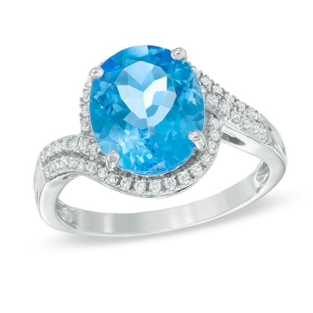 Oval Swiss Blue Topaz and Lab-Created White Sapphire Frame Ring in 10K White Gold