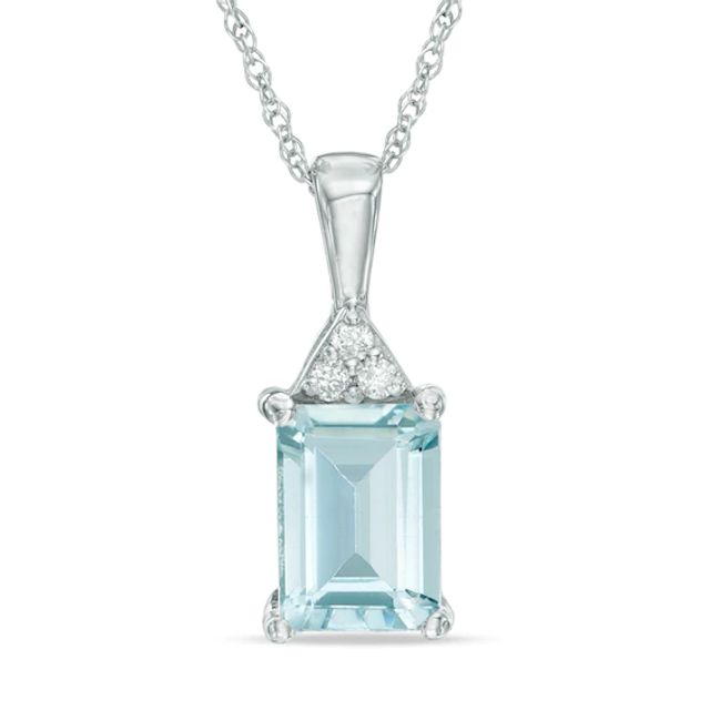 Emerald-Cut Aquamarine and Diamond Accent Pendant in 10K White Gold