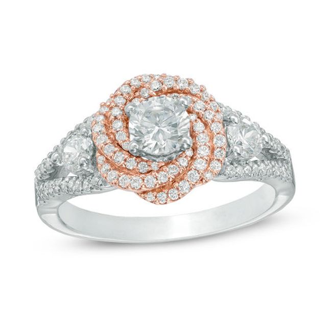Celebration Ideal 1 CT. T.w. Certified Diamond Orbit Frame Three Stone Engagement Ring in 14K Two-Tone Gold (J/I1)