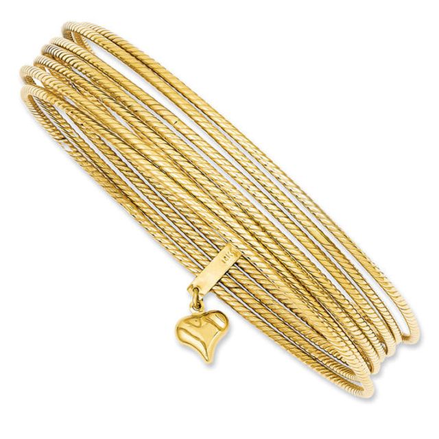 Stacked Slip-On Bangle with Heart Charm in 14K Gold - 8.0"