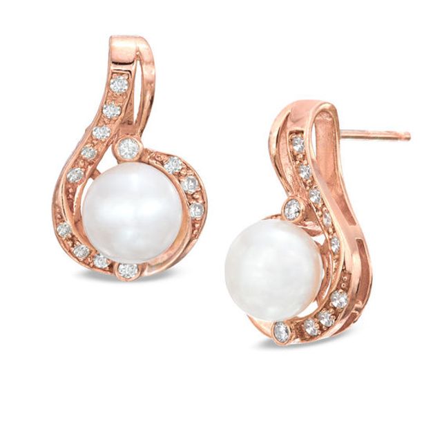 6.0mm Freshwater Cultured Pearl and 1/6 CT. T.w. Diamond Drop Earrings in 10K Rose Gold