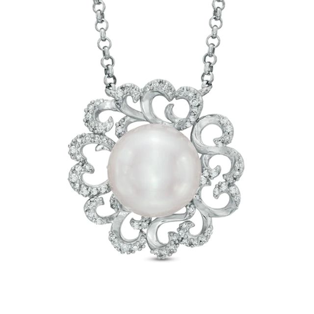 10.0mm Freshwater Cultured Pearl and 1/10 CT. T.w. Diamond Flower Pendant in Sterling Silver