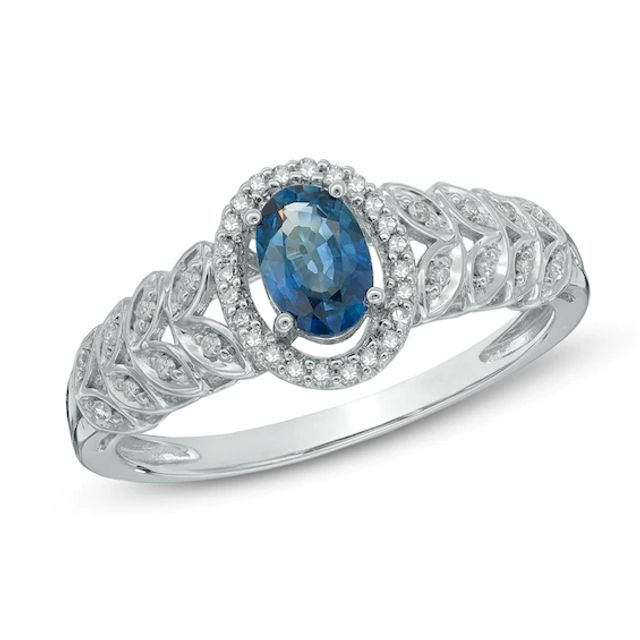 Oval Blue Sapphire and 1/8 CT. T.w. Diamond Leaf Ring in 10K White Gold