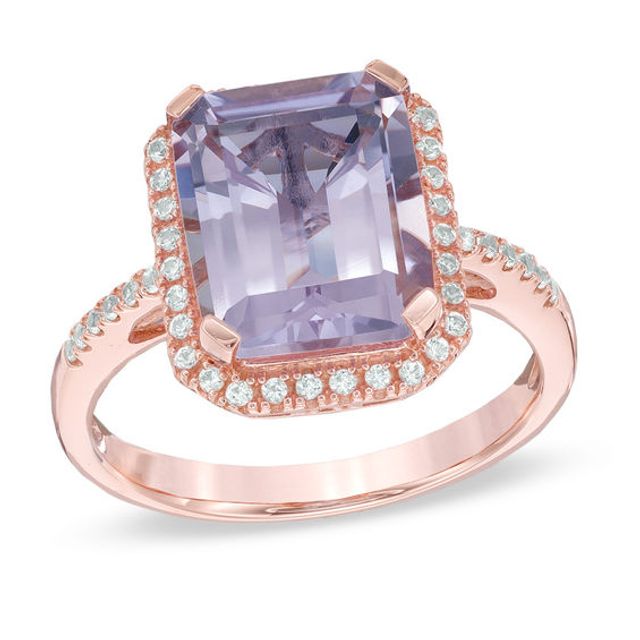 Emerald-Cut Rose de France Amethyst and Lab-Created White Sapphire Frame Ring 10K Rose Gold