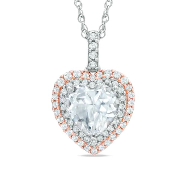 8.0mm Heart-Shaped Lab-Created White Sapphire Double Frame Pendant in Sterling Silver with 14K Rose Gold Plate