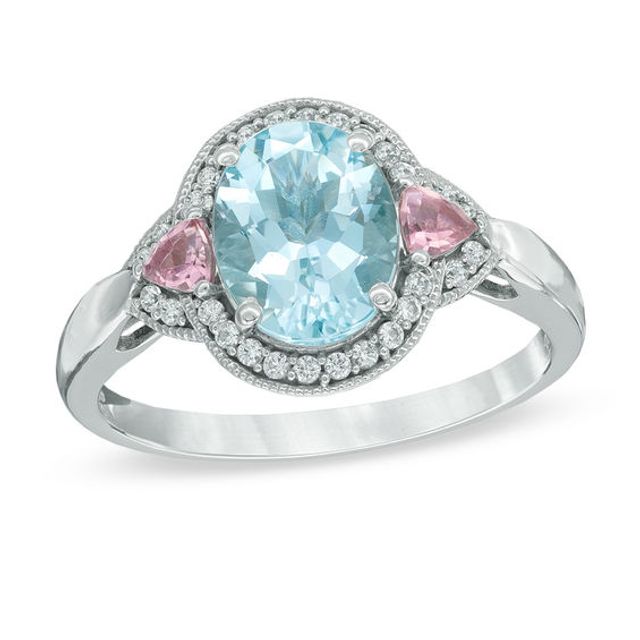 Oval Aquamarine, Pink Tourmaline and 1/10 CT. T.w. Diamond Frame Ring in 10K White Gold