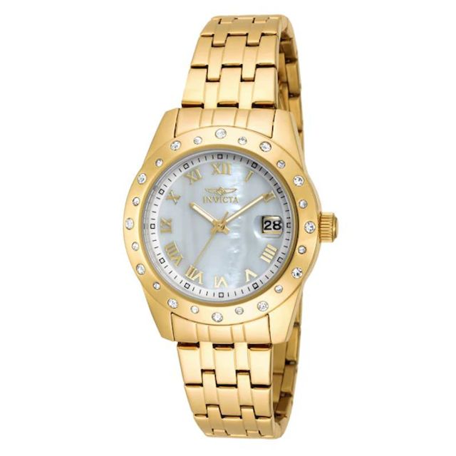 Ladies' Invicta Angel Crystal Accent Gold-Tone Watch with Mother-of-Pearl Dial (Model: 17488)