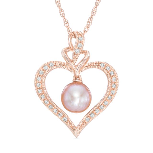 Cultured Freshwater Pearl and Lab-Created White Sapphire Heart Pendant in Sterling Silver with 14K Rose Gold Plate
