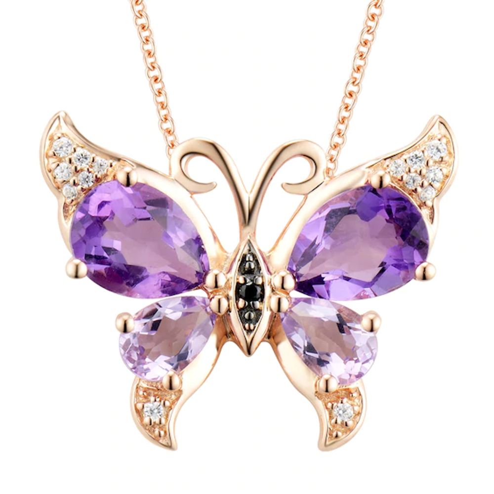 Amethyst and Enhanced Black and White Diamond Accent Butterfly Pendant in Sterling Silver with 14K Rose Gold Plate