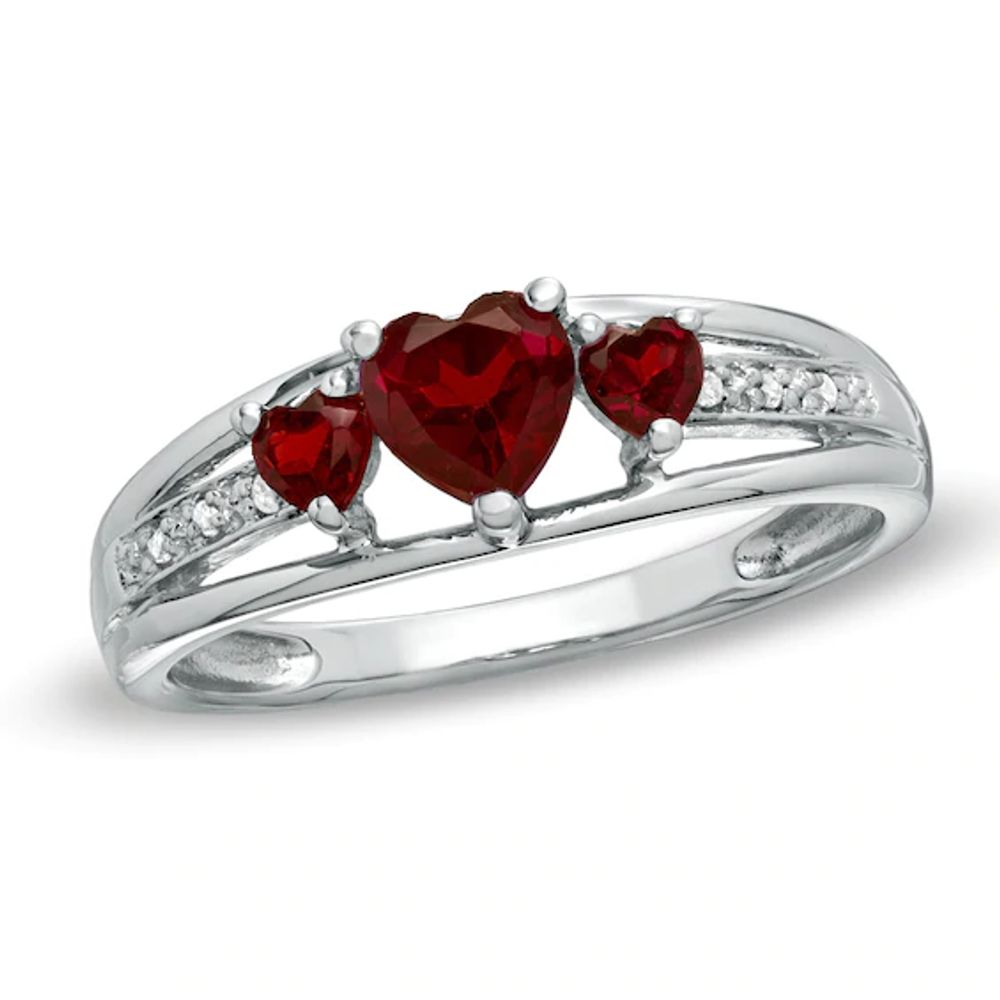 5.0mm Heart-Shaped Garnet and Diamond Accent Three Stone Promise Ring 10K White Gold