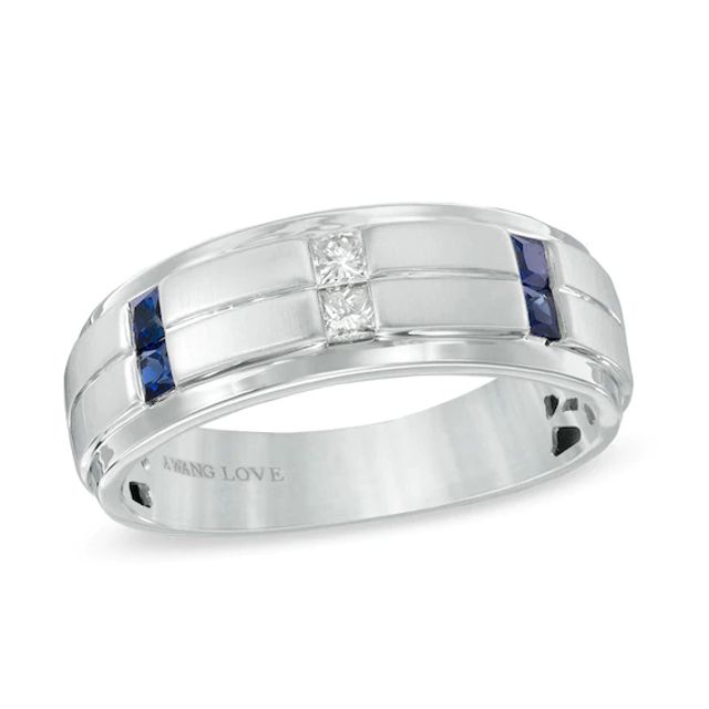 Vera Wang Love Collection Men's 1/8 CT. T.w. Diamond and Blue Sapphire Wedding Band in 14K White Gold
