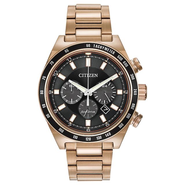 Men's Citizen Eco-DriveÂ® Brycen Chronograph Rose-Tone Watch with Black Dial (Model: Ca4203-54E)
