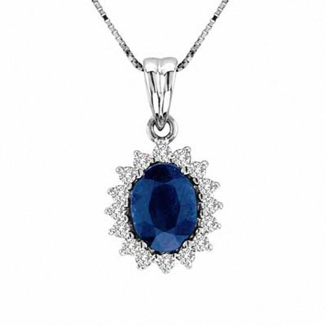Oval Blue Sapphire and 1/4 CT. T.w. Diamond Frame Pendant in 14K White Gold
