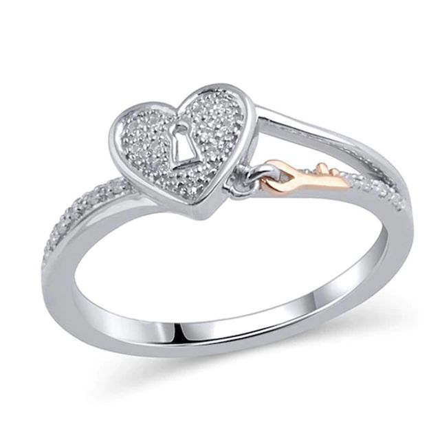 1/10 CT. T.w. Diamond Heart-Shaped Lock with Key Dangle Ring in Sterling Silver and 18K Rose Gold Plate