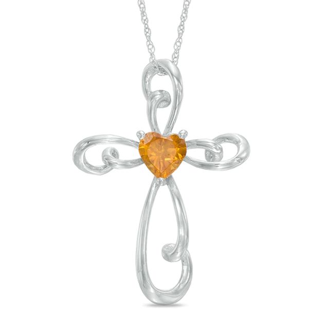 5.0mm Heart-Shaped Citrine Cross Pendant in 10K White Gold