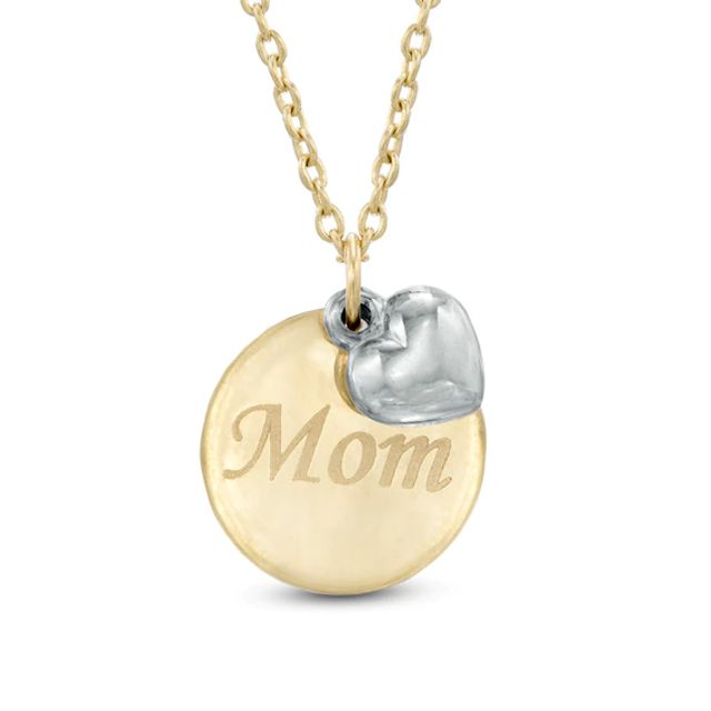 Mom Disc with Heart Charm Pendant in 10K Two-Tone Gold