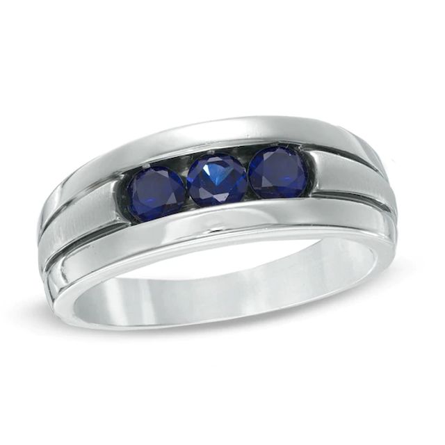 Men's Lab-Created Blue Sapphire Three Stone Ring in Sterling Silver