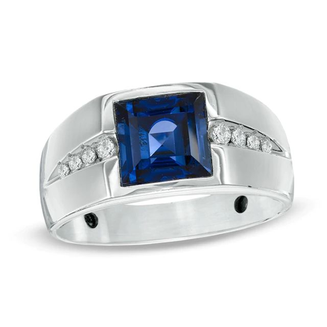 Men's 8.0mm Square-Cut Ceylon Sapphire and 1/5 CT. T.w. Diamond Ring in Sterling Silver