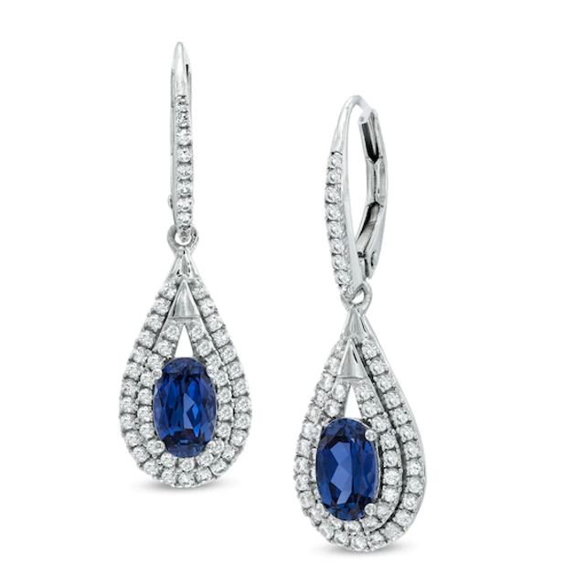 Pear-Shaped Lab-Created Blue and White Sapphire Frame Drop Earrings in Sterling Silver