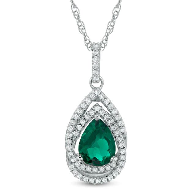Pear-Shaped Lab-Created Emerald and White Sapphire Swirl Frame Pendant in Sterling Silver