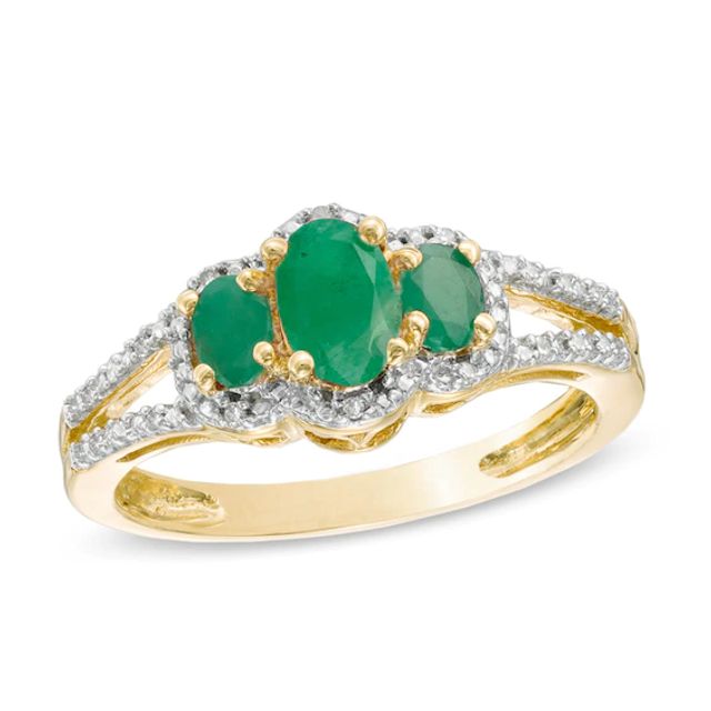 Oval Emerald and Diamond Accent Three Stone Ring in 10K Gold